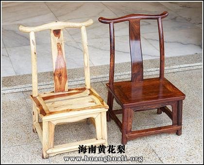 人工种植40多年海南黄花梨(左)与野生海南黄花梨(右)制作的家具对比